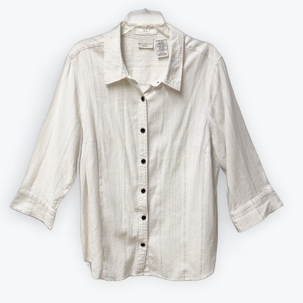 White Stag Arctic White Metallic Stripe Linen Blend 3/4 Sleeve Blouse 18W/20W